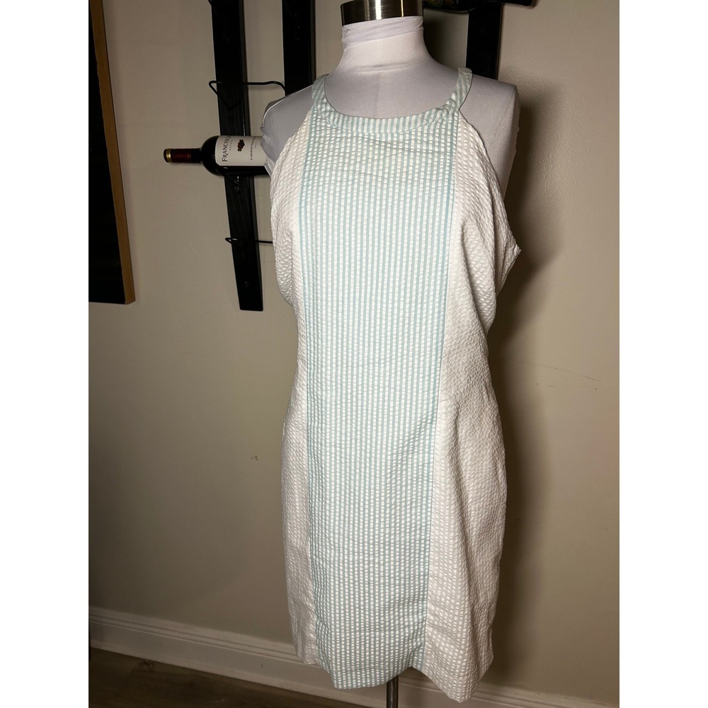 Duffield Lane Womens Seersucker Shift Dress Blue White Striped Large